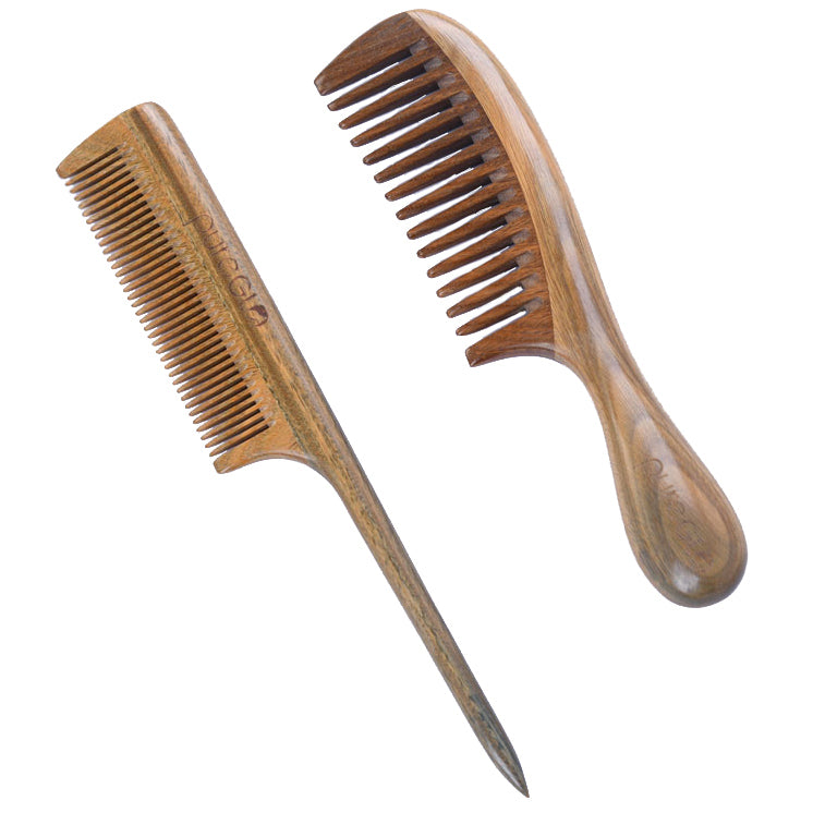 Natural Wooden Fine-tooth And Wide Tooth Hair Comb Set – pureGLO Naturals